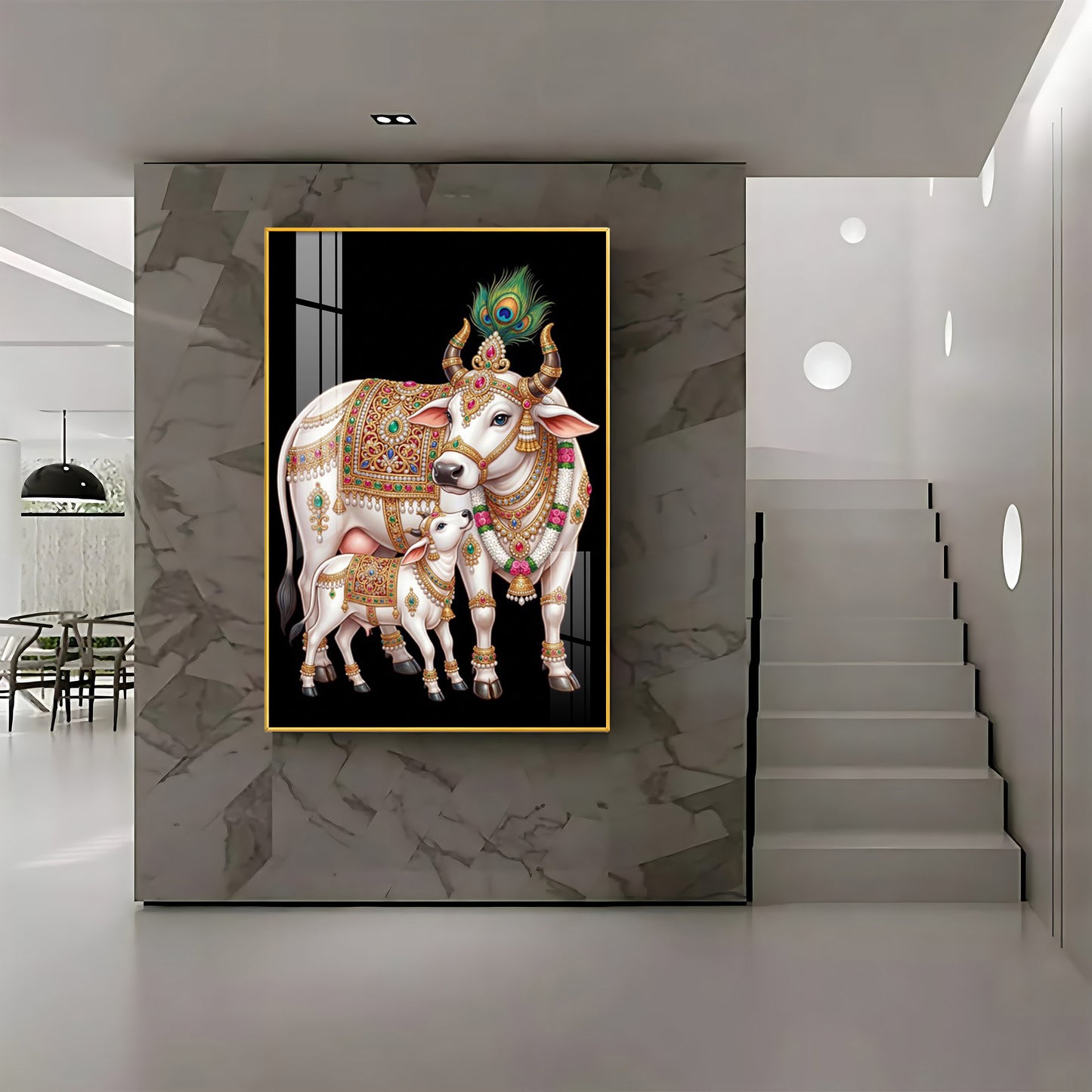 Kamdhenu Cow With Calf Premium Acrylic Vertical Wall Art