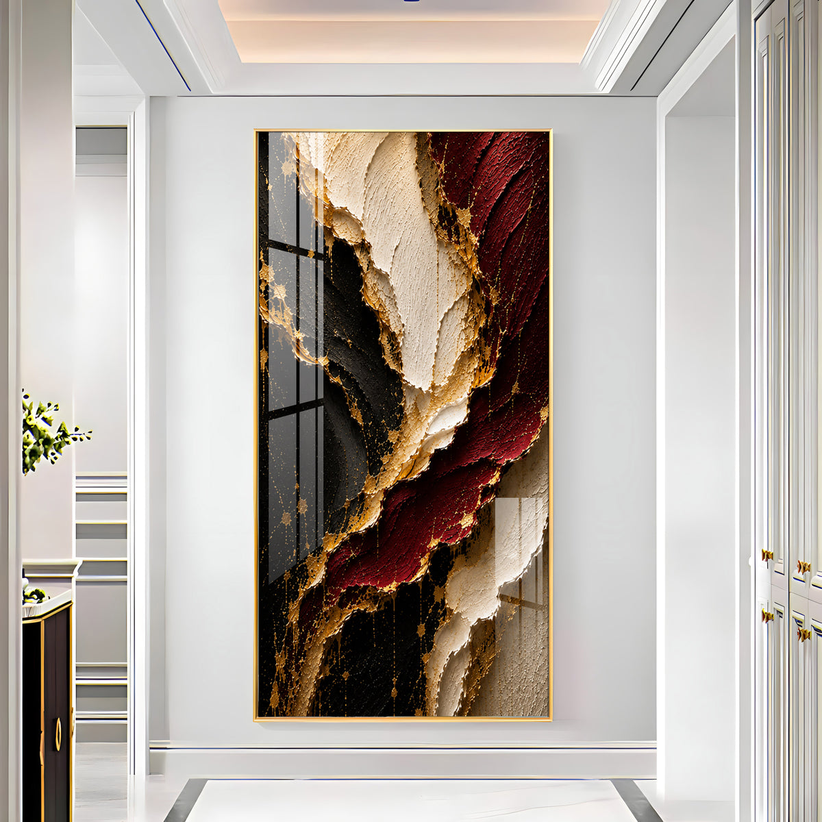 Luxurious Textured Abstract Maroon Black & Gold Premium Acrylic Vertical Wall Art