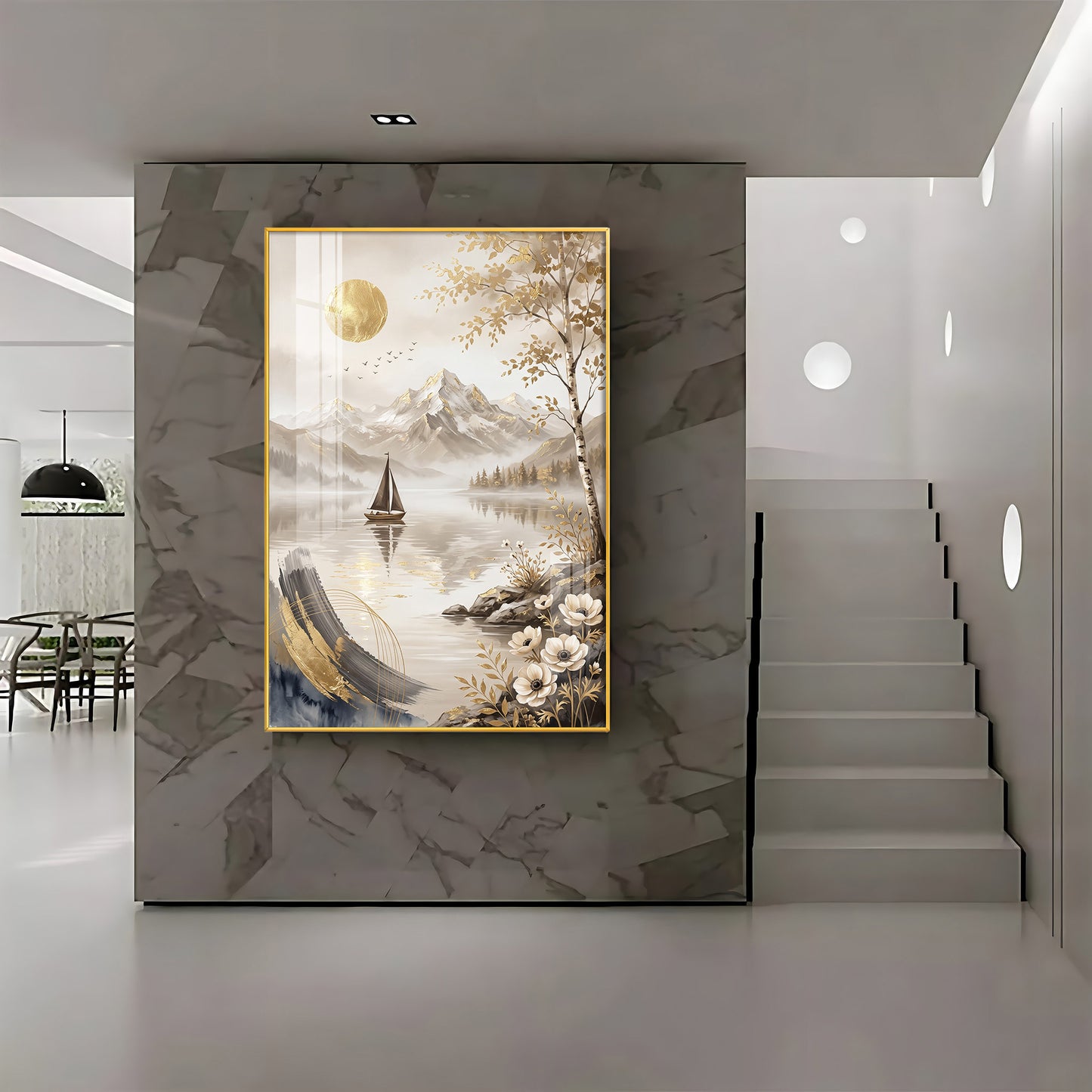 Abstract Lake Sailboat & Mountain Landscape Premium Acrylic Vertical Wall Art