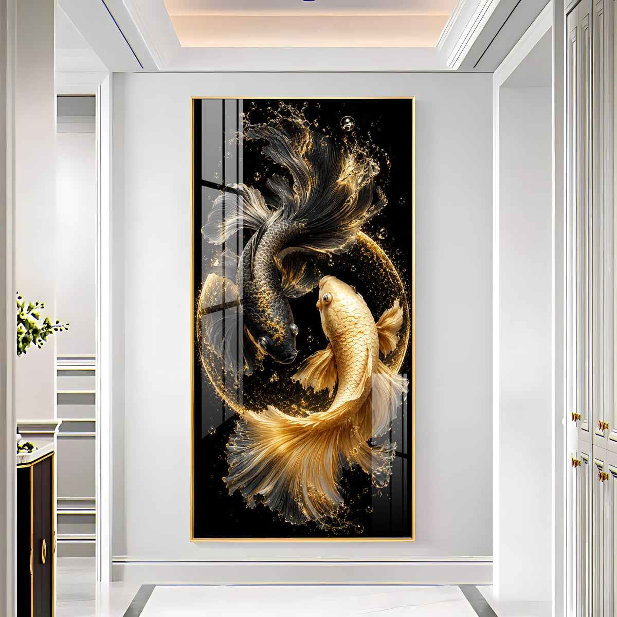 Yin Yang Golden & Black Koi Fish Premium Acrylic Vertical Wall Art