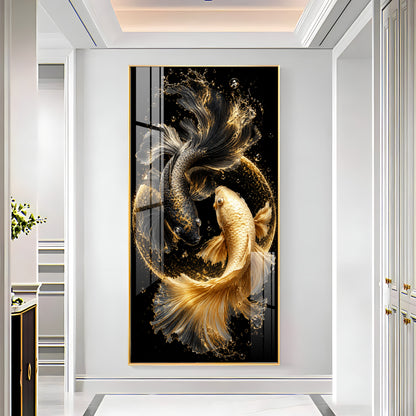 Yin Yang Golden & Black Koi Fish Premium Acrylic Vertical Wall Art