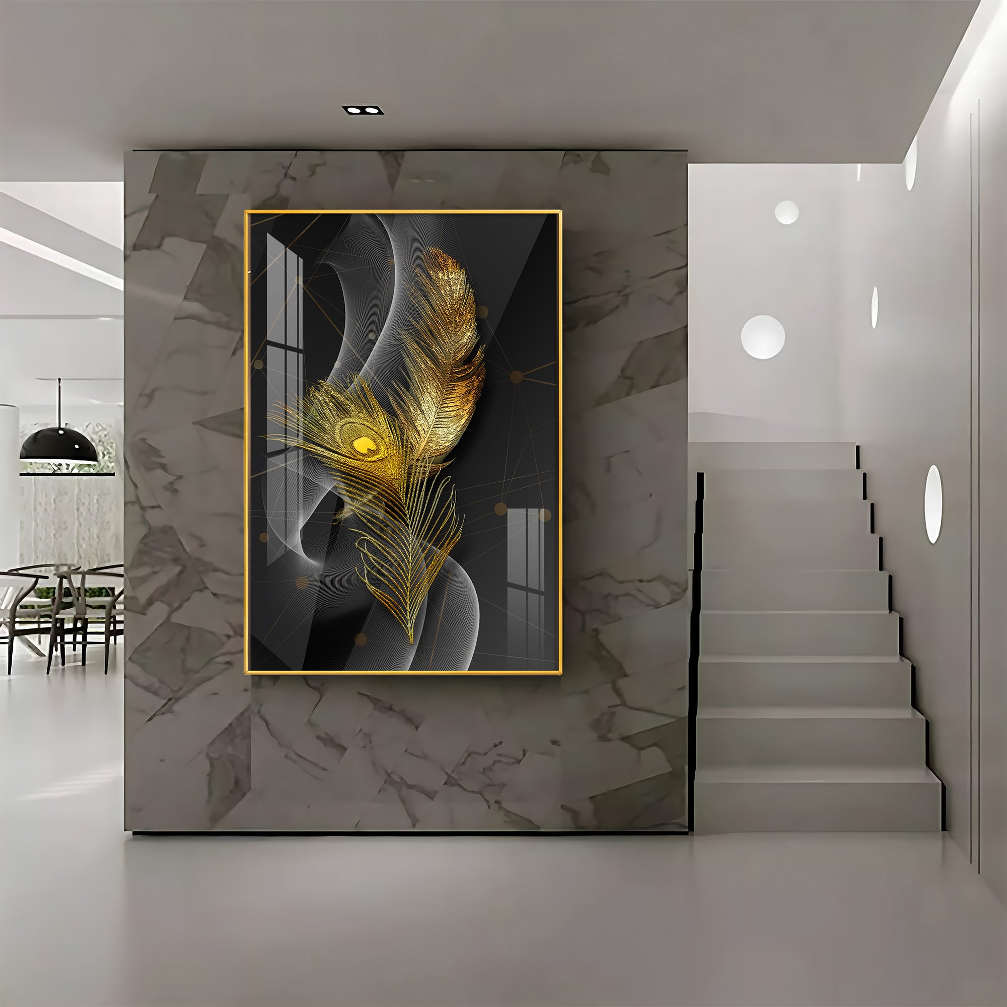 Golden Elegance Feather Premium Acrylic Vertical Wall Art