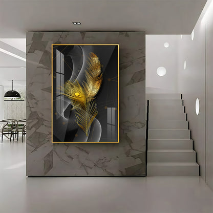 Golden Elegance Feather Premium Acrylic Vertical Wall Art