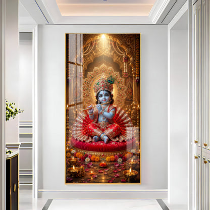 Divine Bal Krishna With Makhan Matki Premium Acrylic Vertical Wall Art