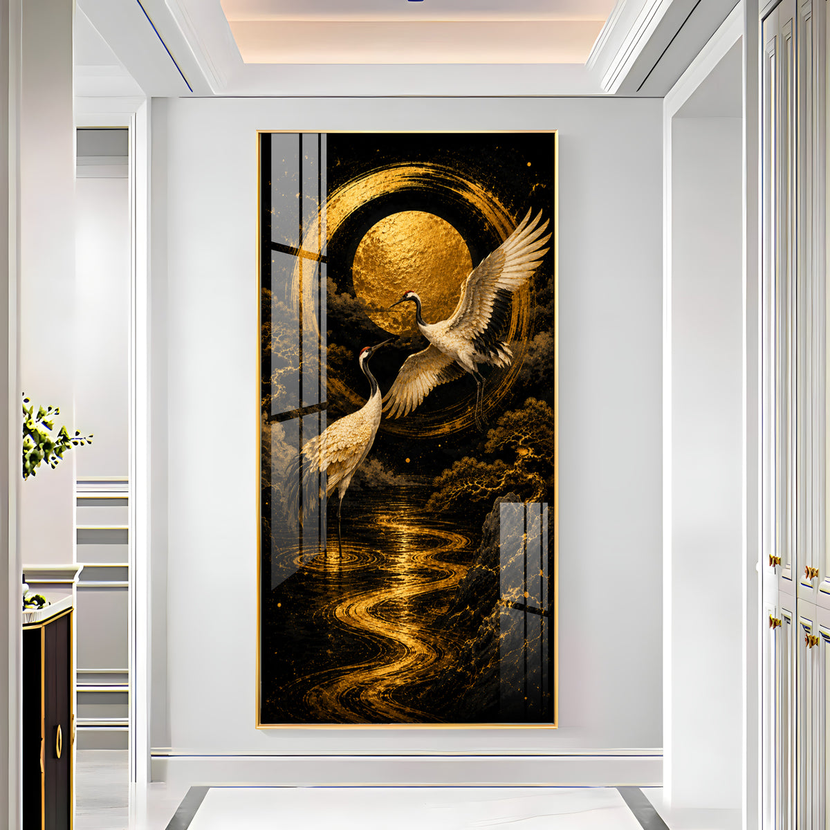 Golden Cranes & Moon Minimalist Zen Premium Acrylic Vertical Wall Art