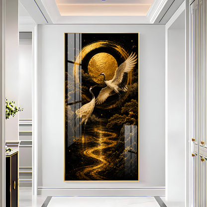Golden Cranes & Moon Minimalist Zen Premium Acrylic Vertical Wall Art