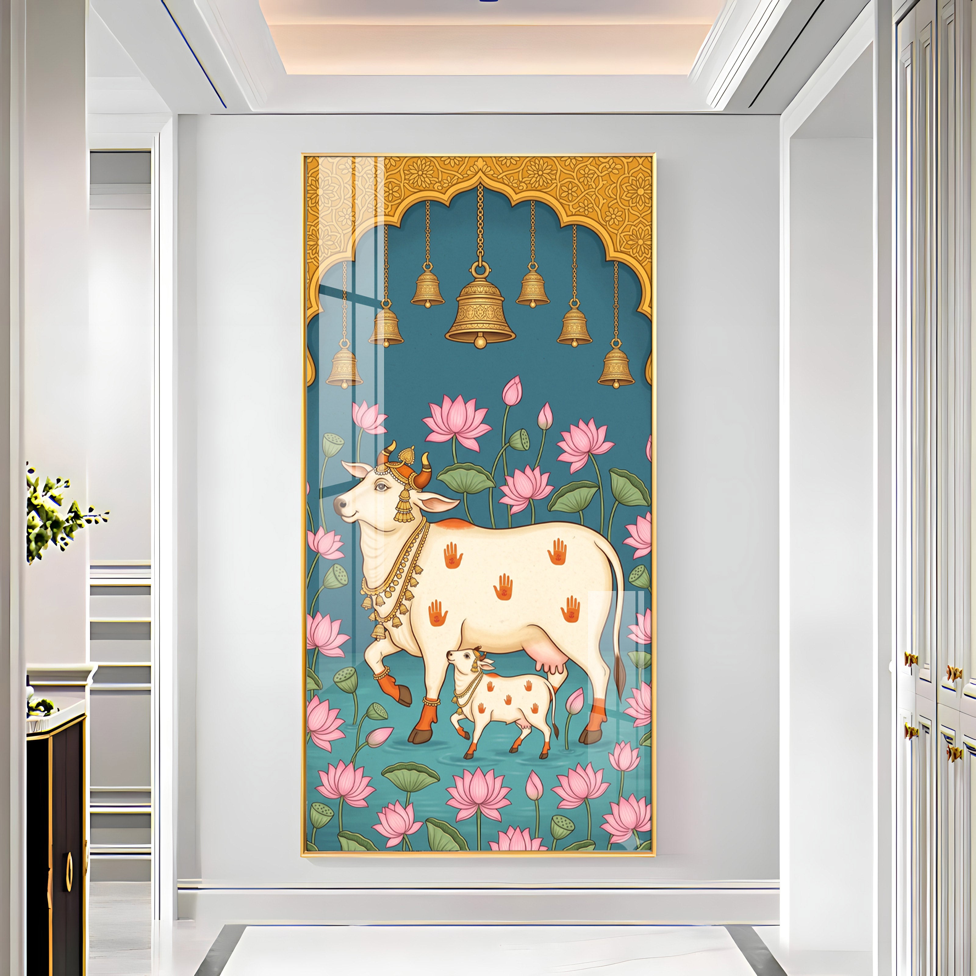 Pichwai Cow & Calf Premium Acrylic Vertical Wall Art