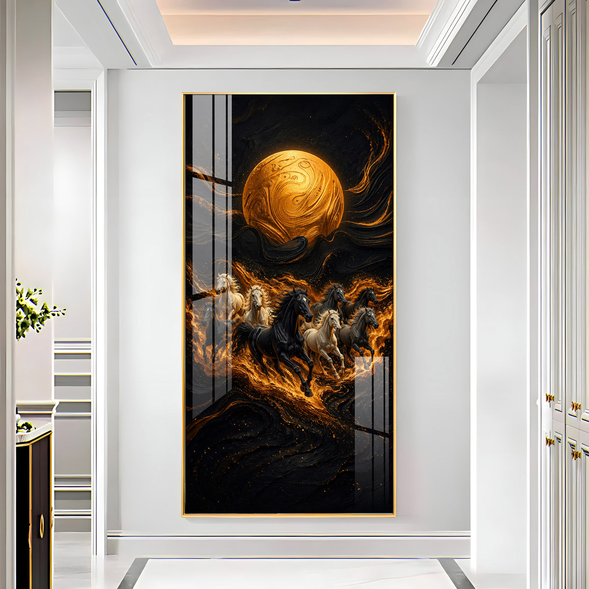 Majestic Running Horses & Golden Moon Premium Acrylic Vertical Wall Art