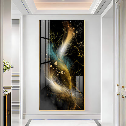 Abstract Golden & White Feathers Premium Acrylic Vertical Wall Art