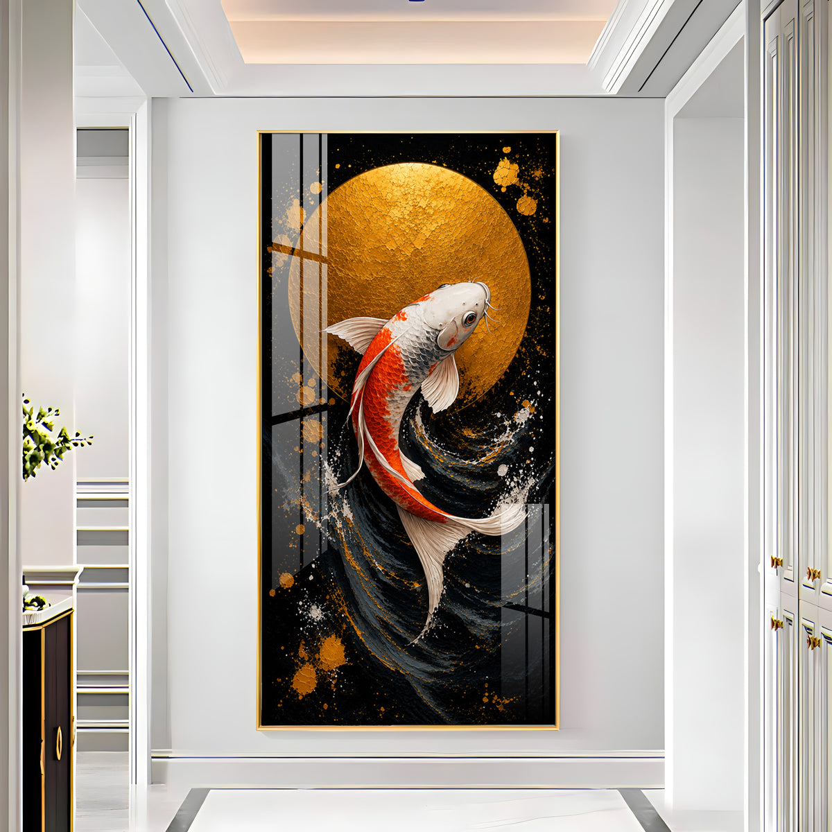 Golden Moon & Swimming Koi Fish Premium Acrylic Vertical Wall Art