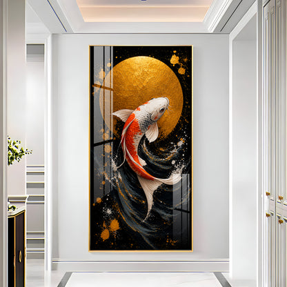 Golden Moon & Swimming Koi Fish Premium Acrylic Vertical Wall Art