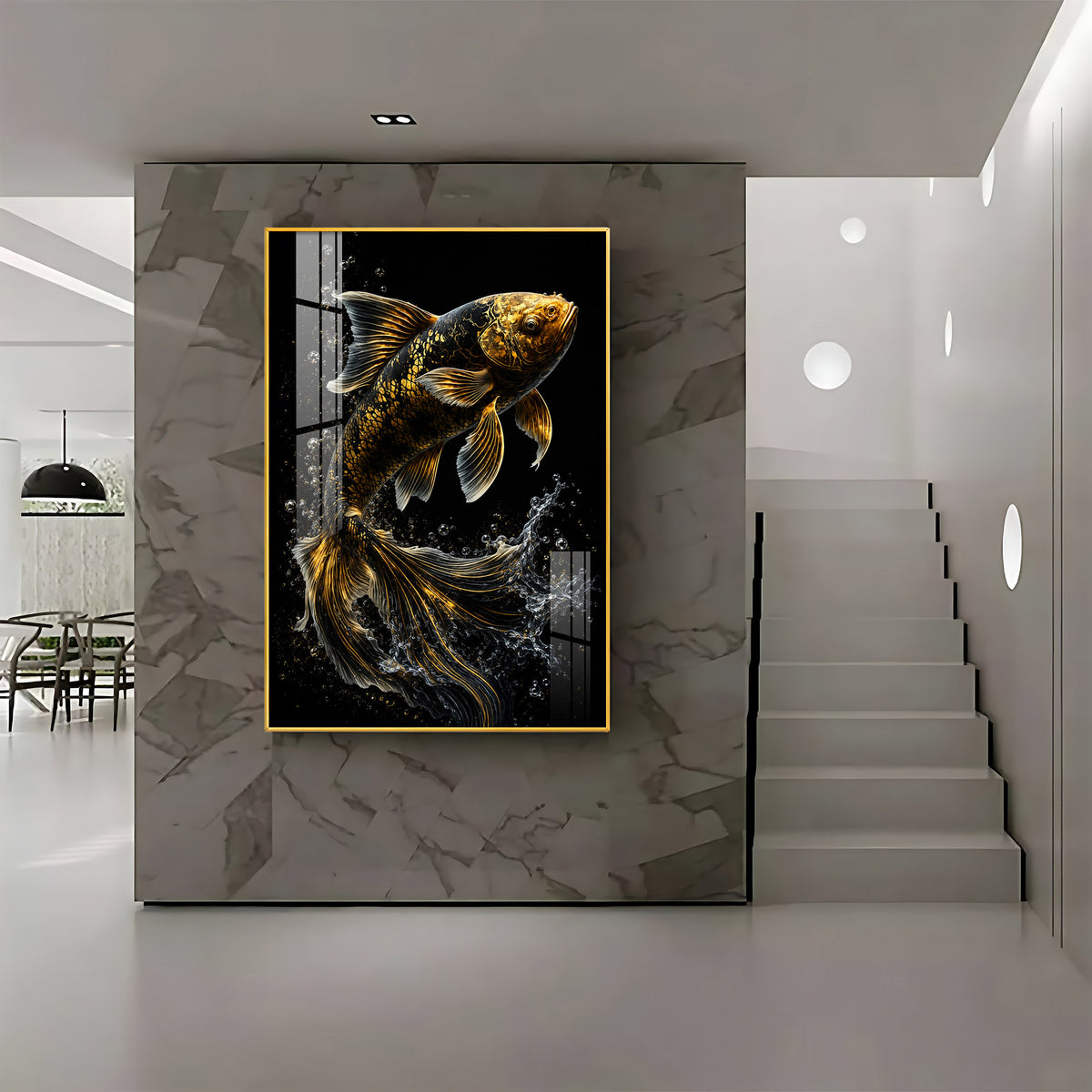 Golden Koi Splash Premium Acrylic Vertical Wall Art