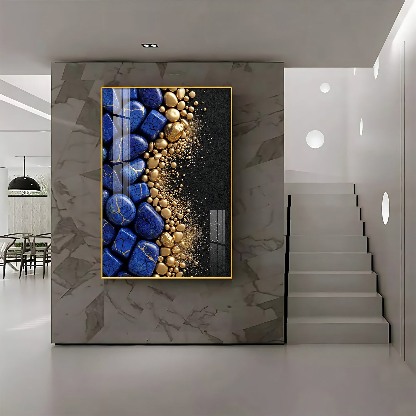 Royal Blue Stones & Gold Pebble Premium Acrylic Vertical Wall Art