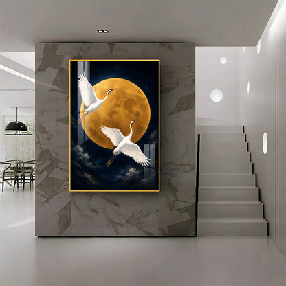 Golden Full Moon & Flying Cranes Premium Acrylic Vertical Wall Art