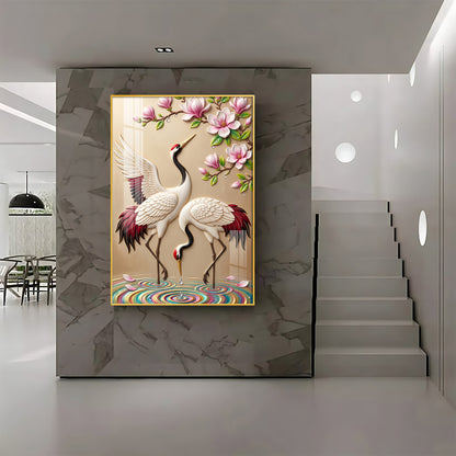 Dancing Cranes & Cherry Blossom Premium Acrylic Vertical Wall Art