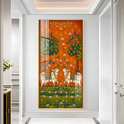 Traditional Pichwai Sacred Cows & Peacocks Premium Acrylic Vertical Wall Art