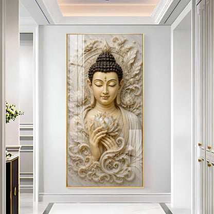 Serene Buddha White Lotus Premium Acrylic Vertical Wall Art