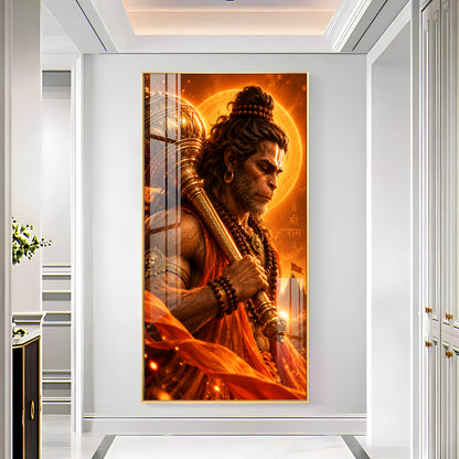 Hanuman With Golden Gada Premium Acrylic Vertical Wall Art