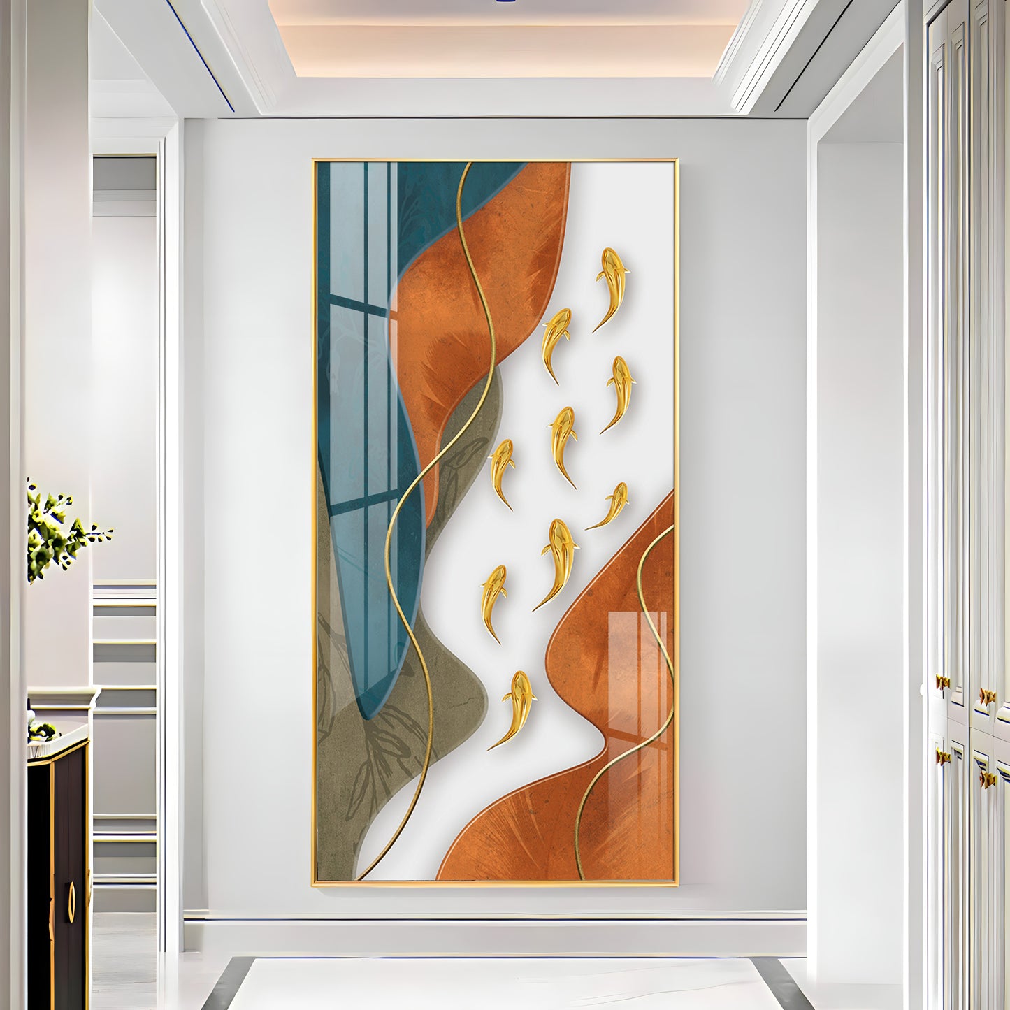 Gold Fish With Abstract Design Premium Acrylic Vertical Wall Art