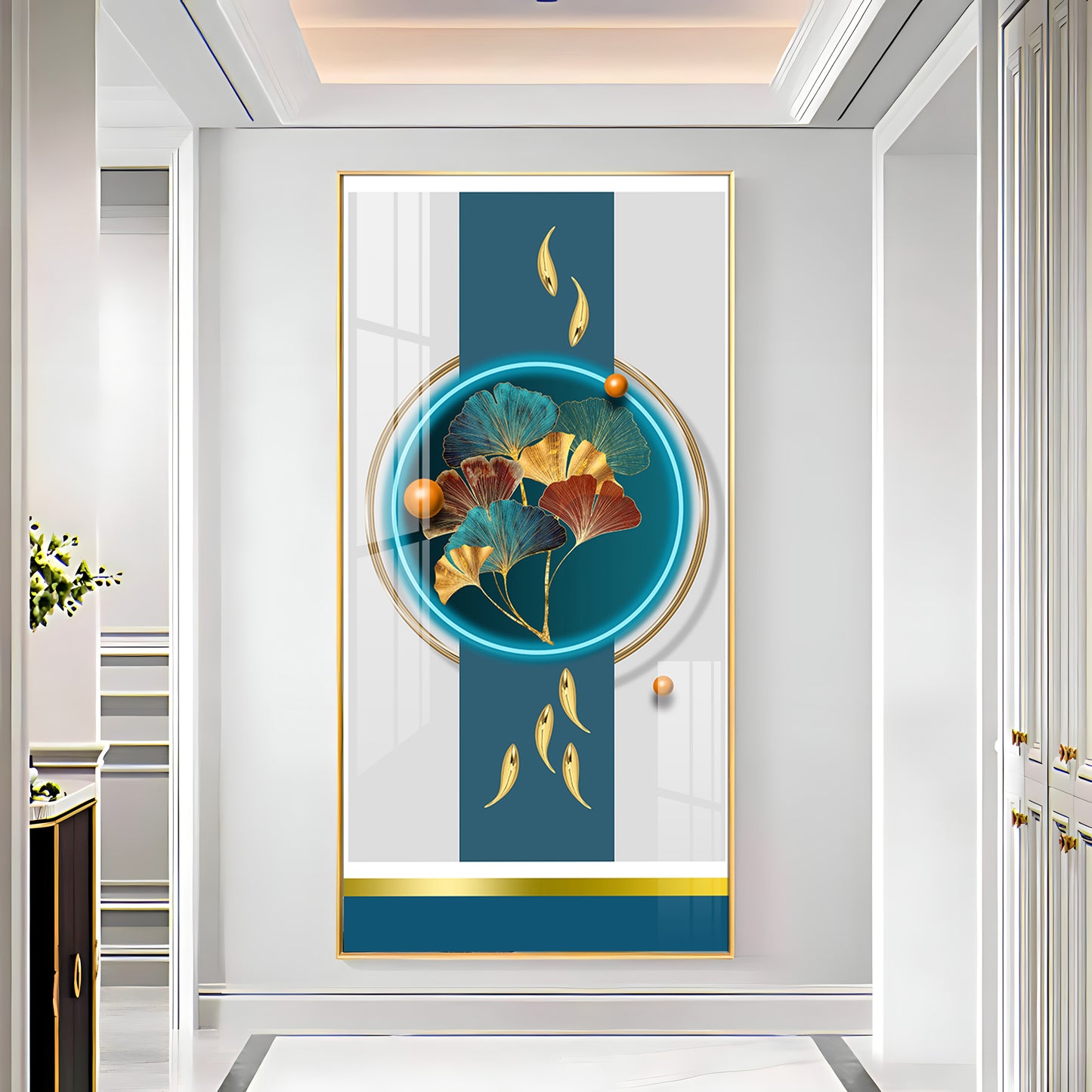 Gold Fish  With Ginkgo Leaf Premium Acrylic Vertical Wall Art
