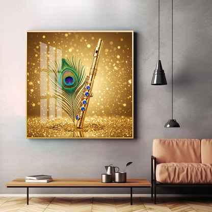 Flute With Peacock Feather Premium Acrylic Square Wall Art