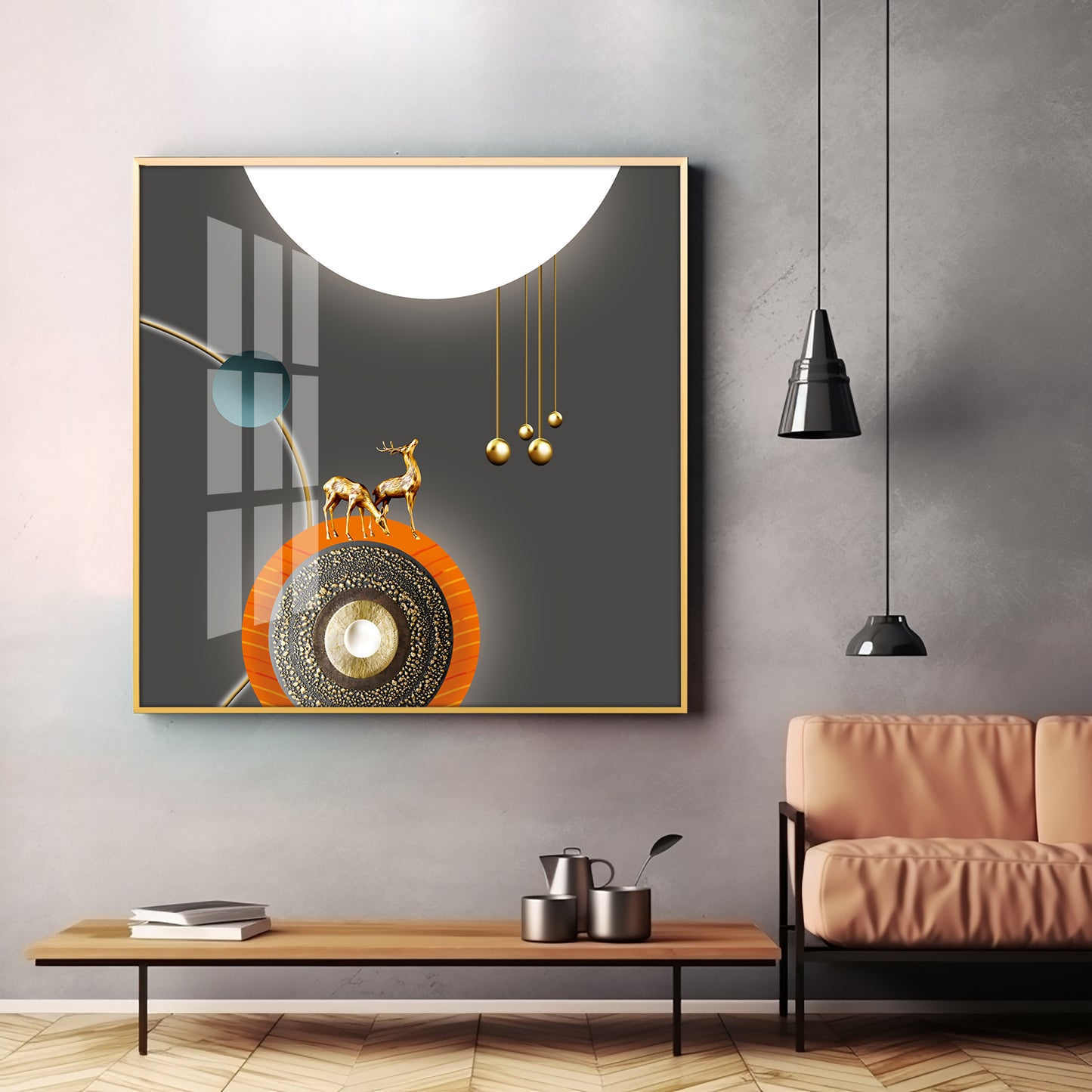 Golden Deer White & Gold Toned Design Premium Acrylic Square Wall Art
