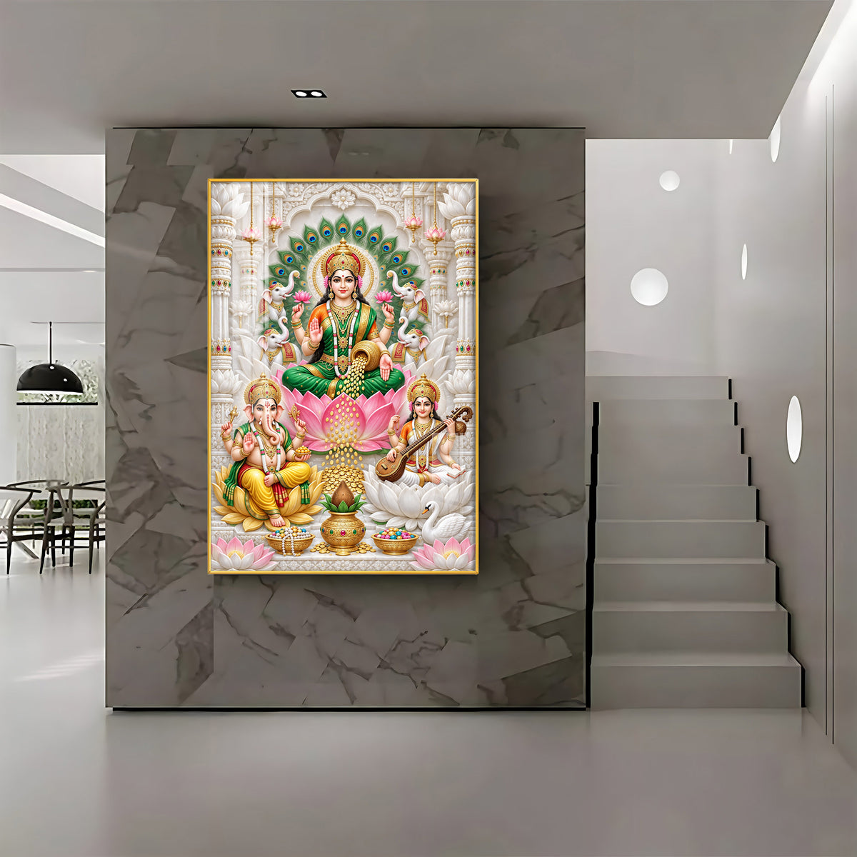 Lakshmi Saraswati Ganesha Peacock Halo Premium Acrylic Vertical Wall Art