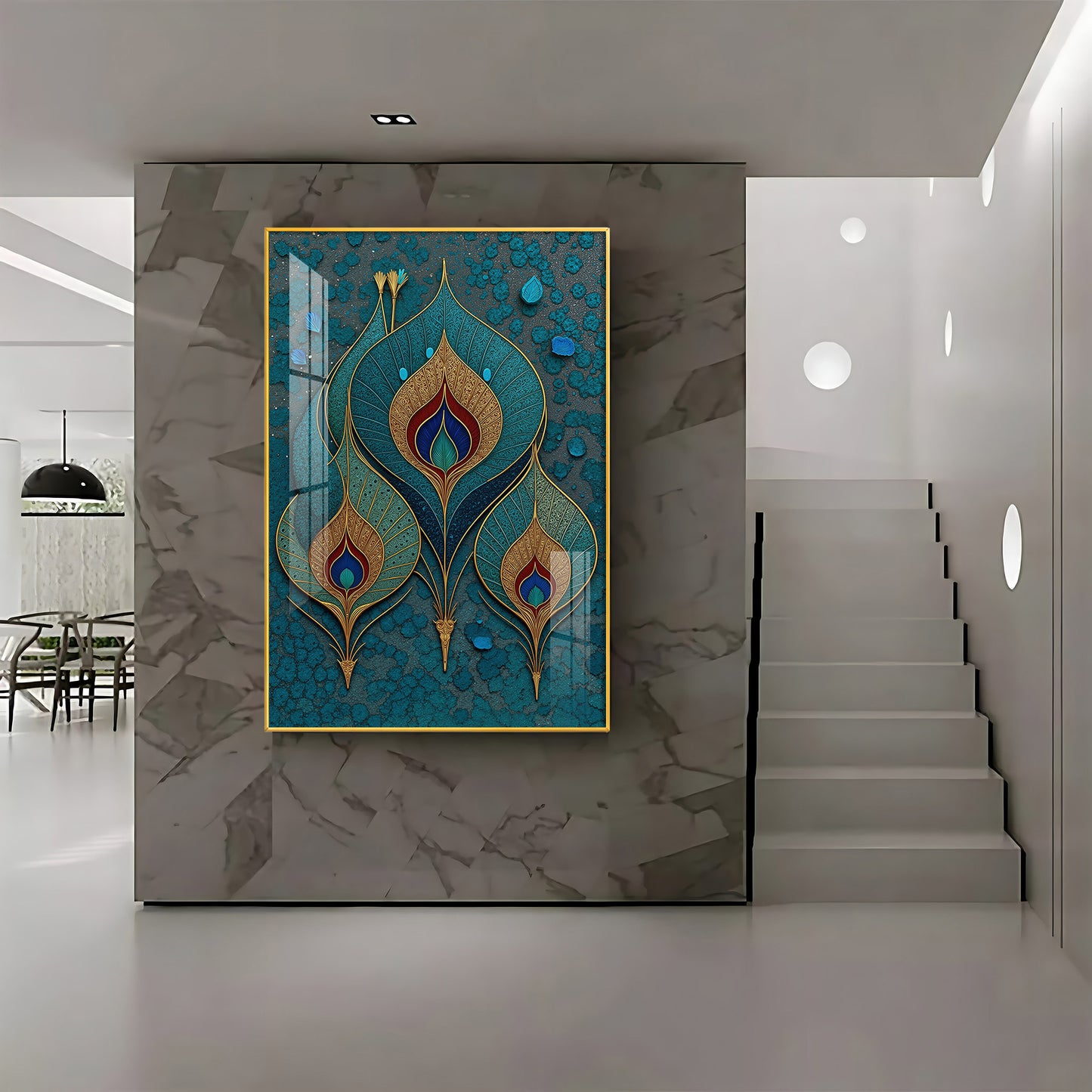 Three Ornate Peacock Feather Premium Acrylic Vertical Wall Art
