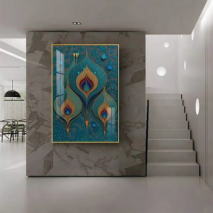 Three Ornate Peacock Feather Premium Acrylic Vertical Wall Art