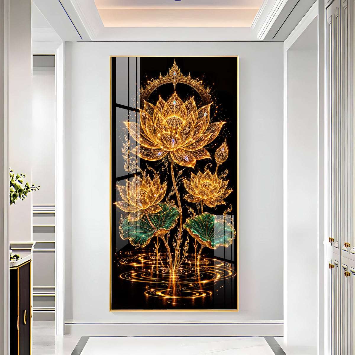 Sacred Golden Lotus Bloom Premium Acrylic Vertical Wall Art