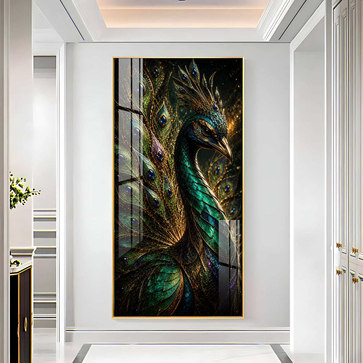 Majestic Jewel Toned Peacock Feather Premium Acrylic Vertical Wall Art