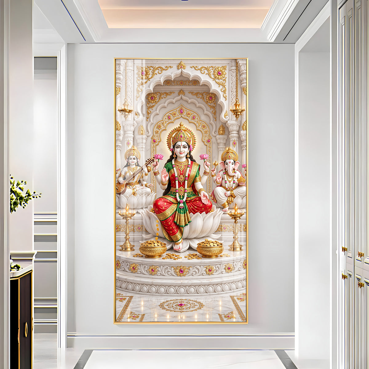 Divine Maa Saraswati, Laxmi & Lord Ganesh Ji Premium Acrylic Vertical Wall Art