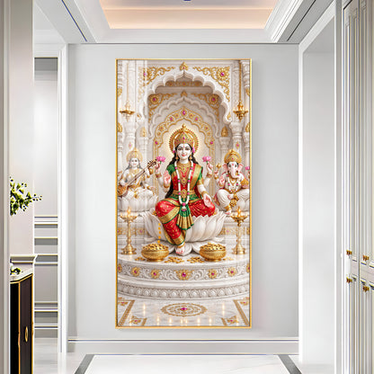 Divine Maa Saraswati, Laxmi & Lord Ganesh Ji Premium Acrylic Vertical Wall Art