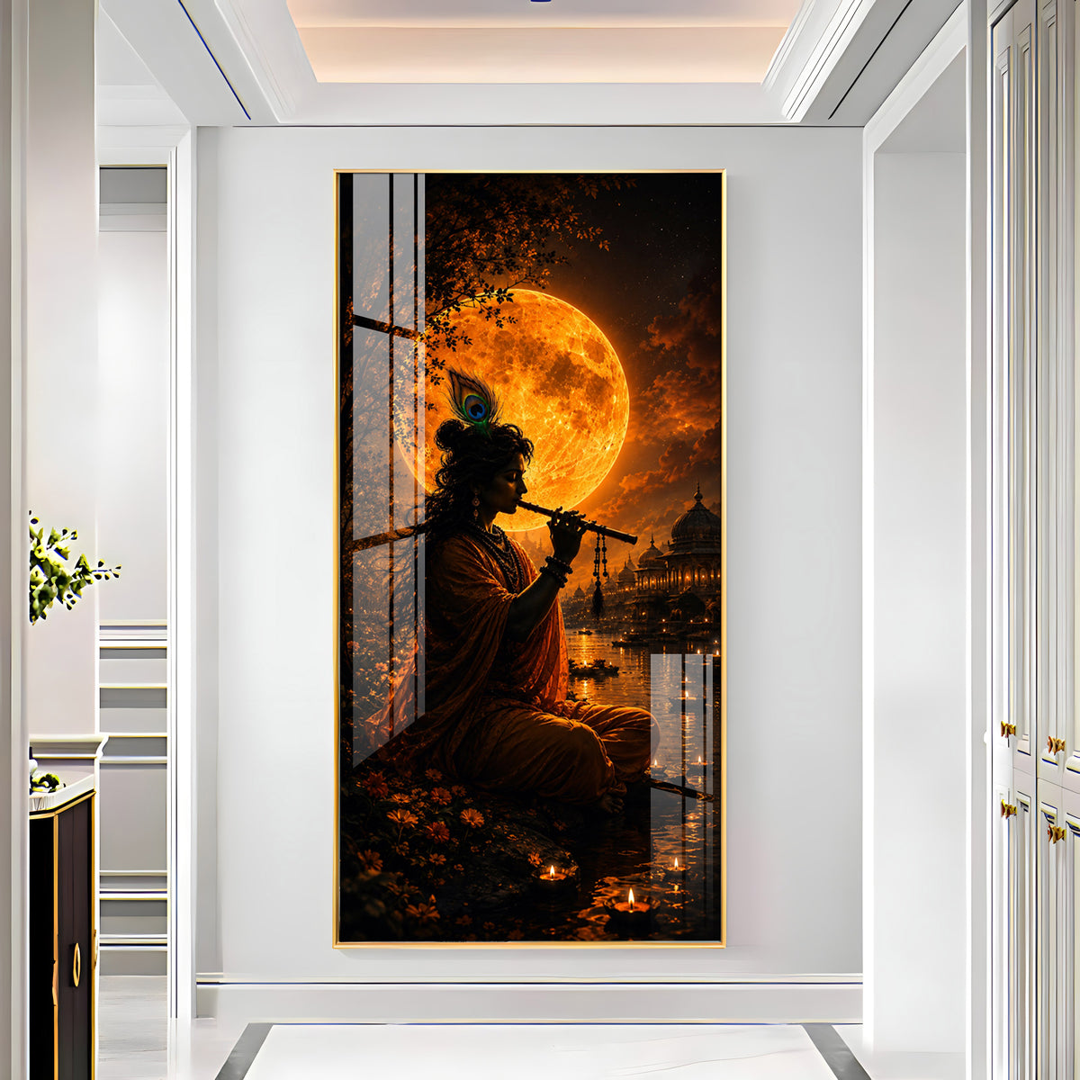 Lord Krishna Under Golden Full Moon Premium Acrylic Vertical Wall Art