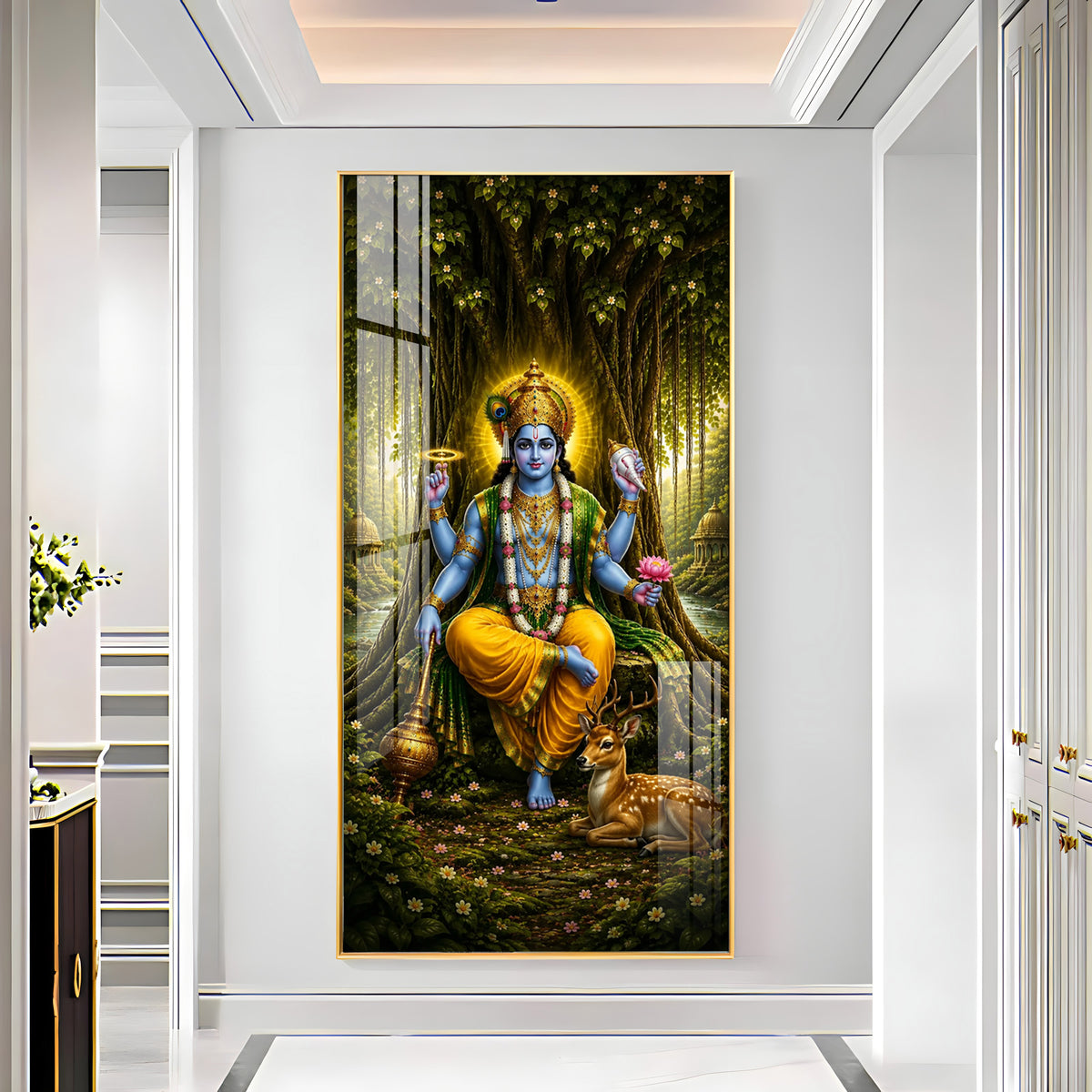 Divine Lord Vishnu In Forest Premium Acrylic Vertical Wall Art