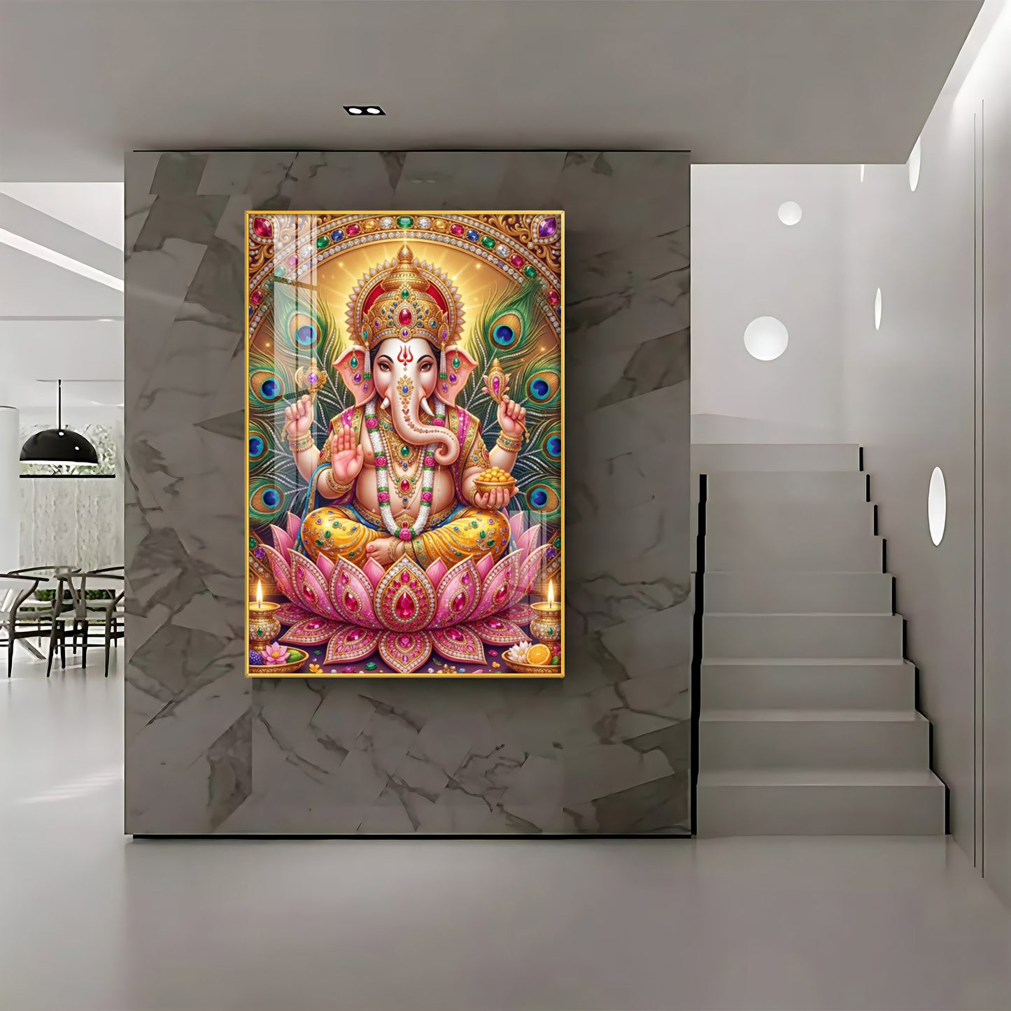 Lord Ganesha With Pink Lotus Premium Acrylic Vertical Wall Art