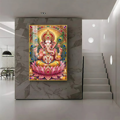 Lord Ganesha With Pink Lotus Premium Acrylic Vertical Wall Art