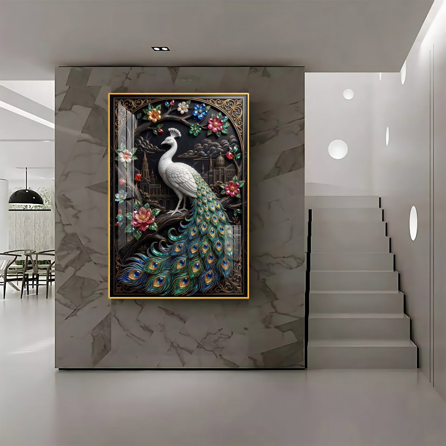 Peacock With Flowers Premium Acrylic Vertical Wall Art
