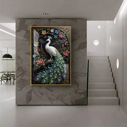 Peacock With Flowers Premium Acrylic Vertical Wall Art