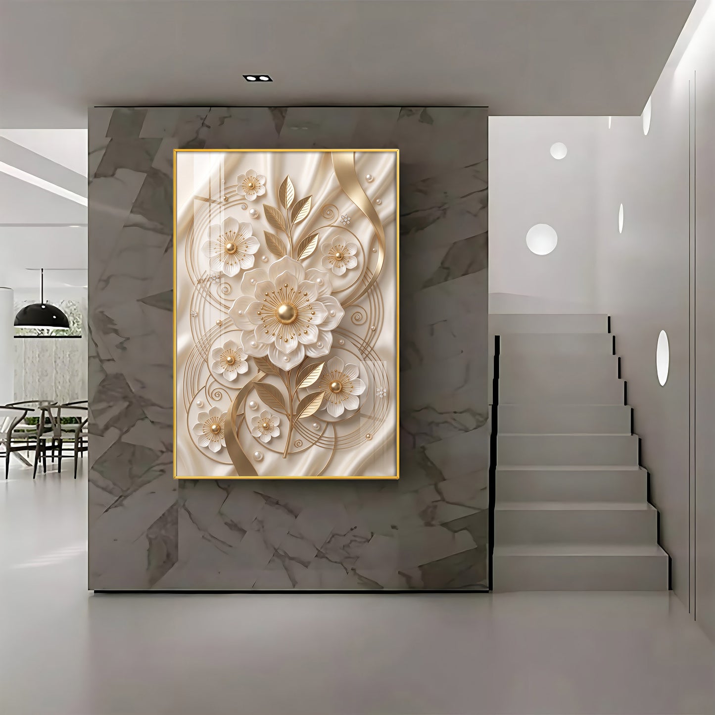 White & Gold Floral Carving Premium Acrylic Vertical Wall Art