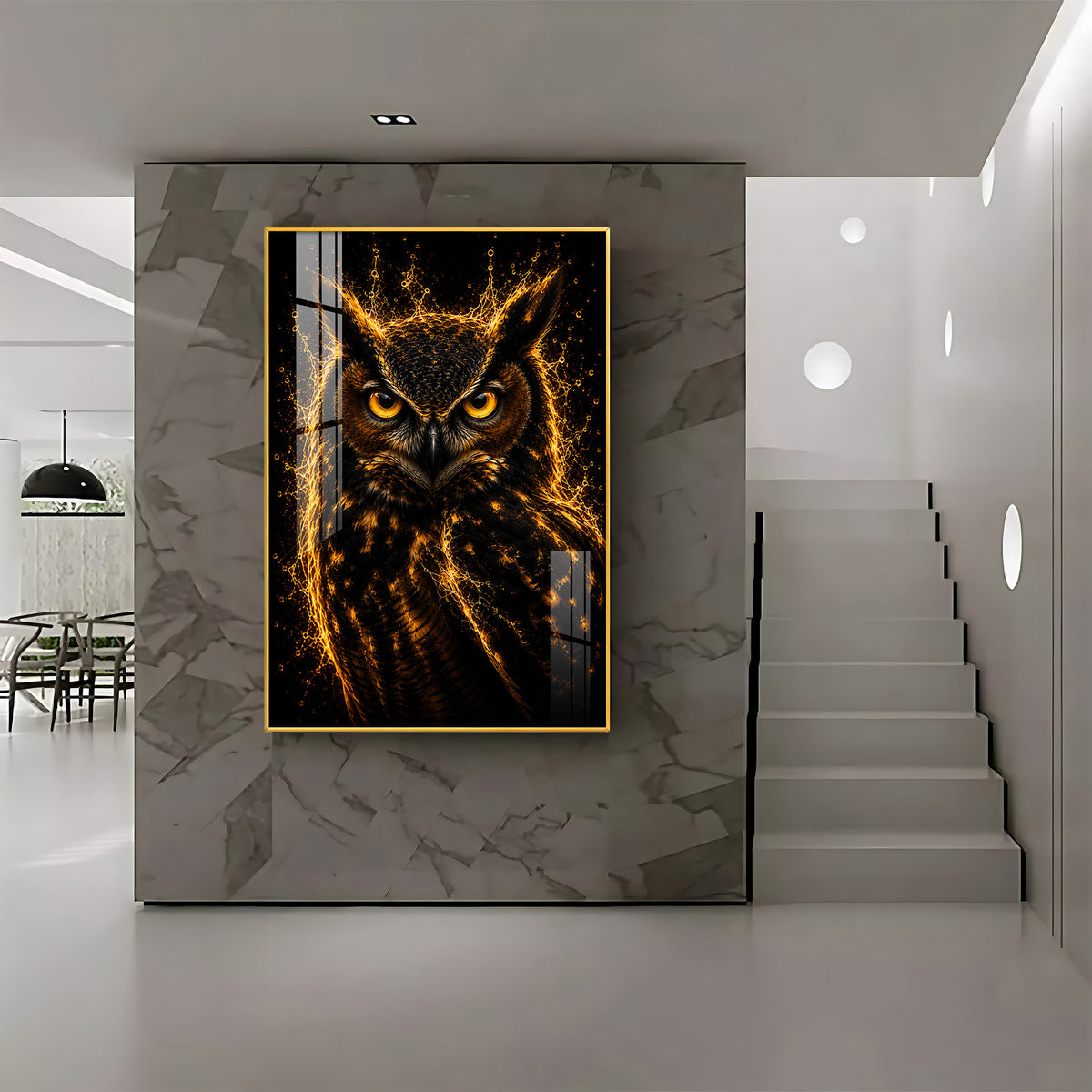 Golden Flame Owl Premium Acrylic Vertical Wall Art