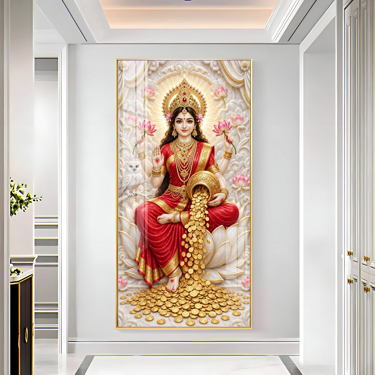 Goddess Laxmi With Gold Coins Premium Acrylic Vertical Wall Art