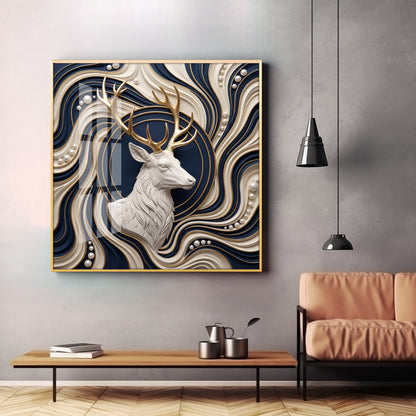White Stag With Golden Antlers Luxury 3D Premium Acrylic Sqaure Wall Art