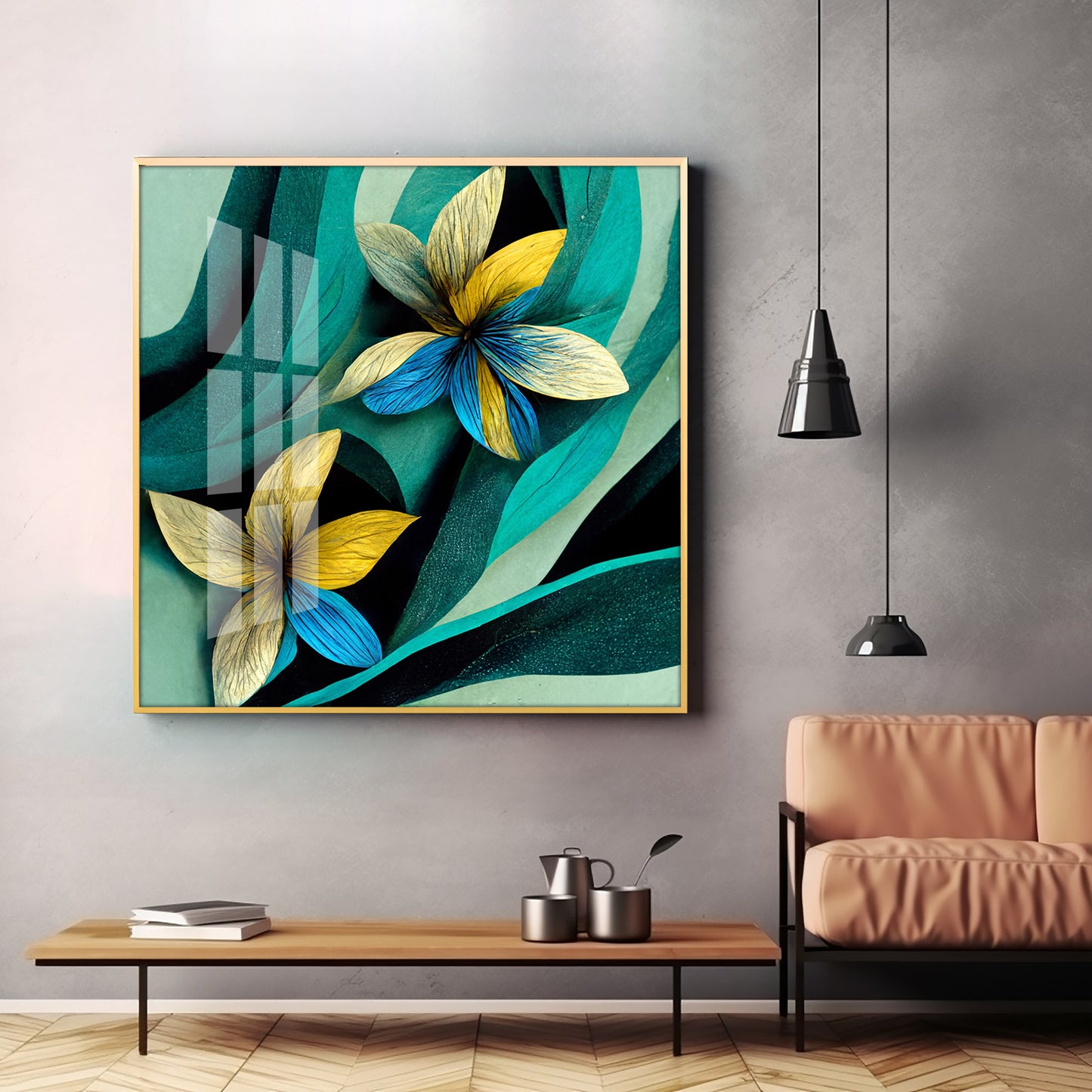 Teal and Yellow Abstract Flower Premium Acrylic Square Wall Art