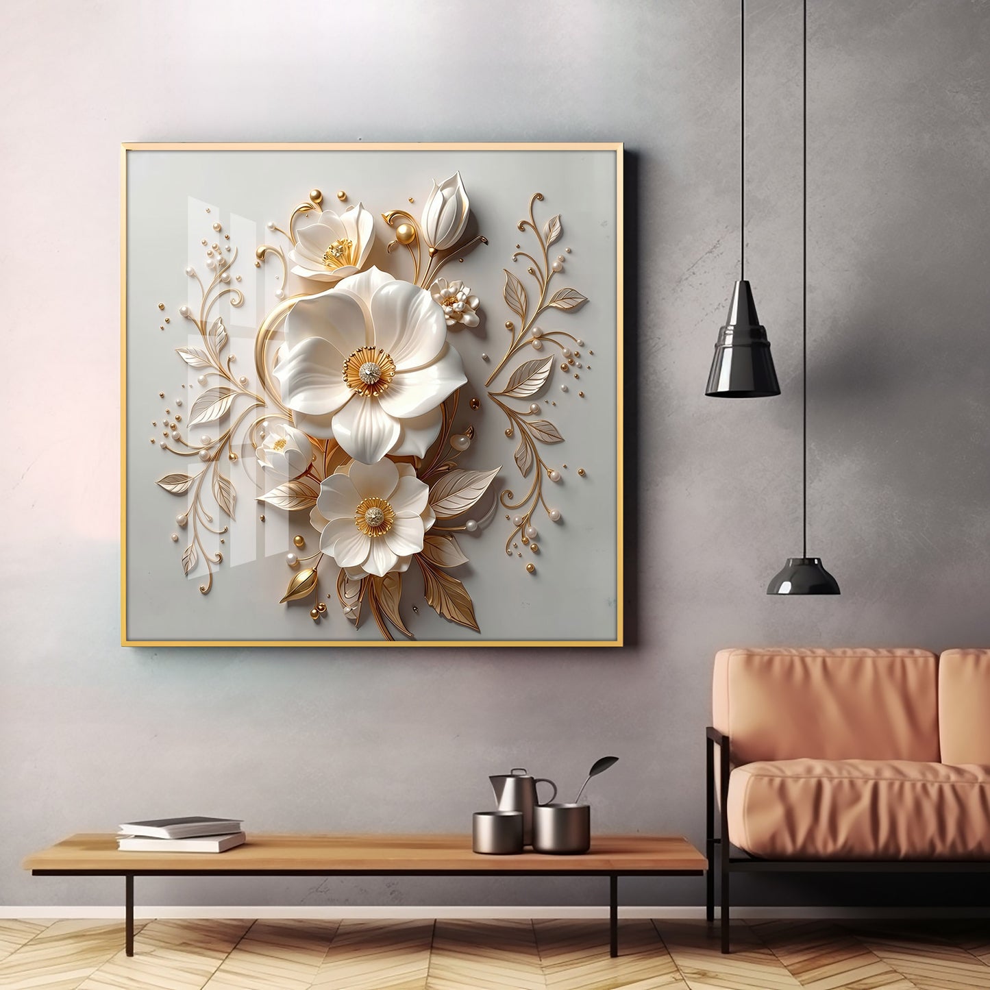 Elegant White Flowers With Gold Leaves Premium Acrylic Square Wall Art