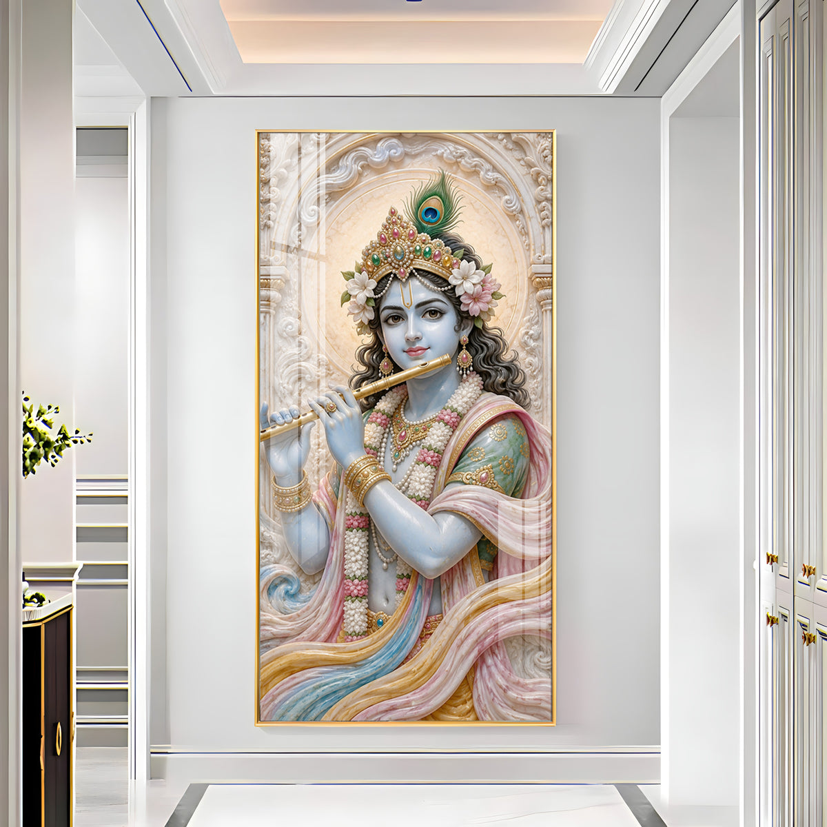 Divine Krishna With Bansuri Premium Acrylic Vertical Wall Art