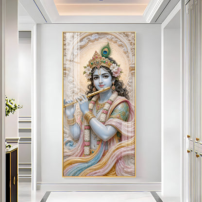 Divine Krishna With Bansuri Premium Acrylic Vertical Wall Art
