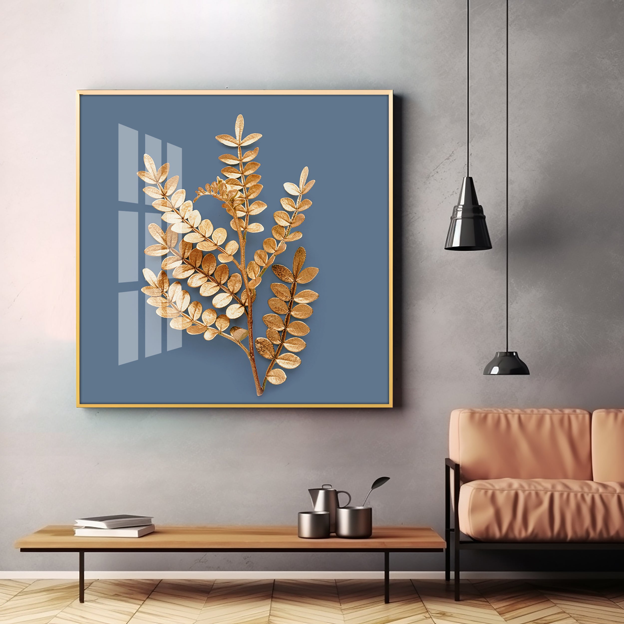 Golden Leaf Design Premium Acrylic Square Wall Art