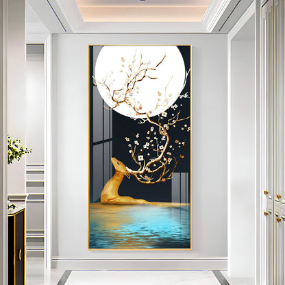 Golden Deer With Full Moon Premium Acrylic Vertical Wall Art