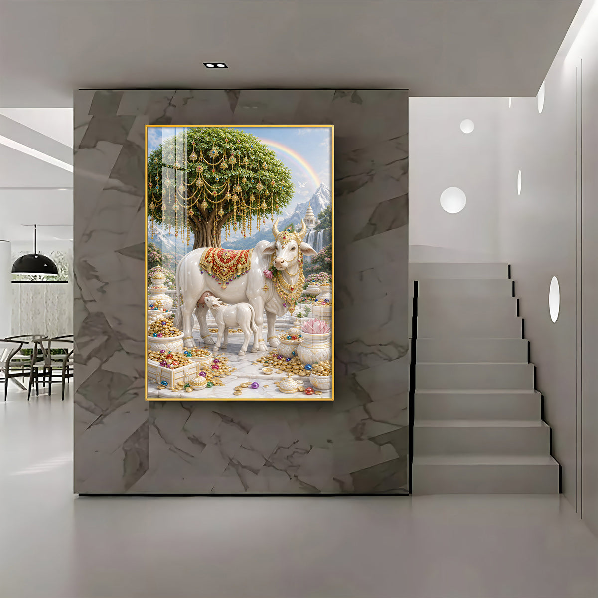 Divine Wish Fulfilling Tree & Kamadhenu Premium Acrylic Vertical Wall Art
